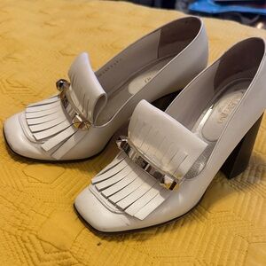 Valentino White Fringe Heels with Silver Accent